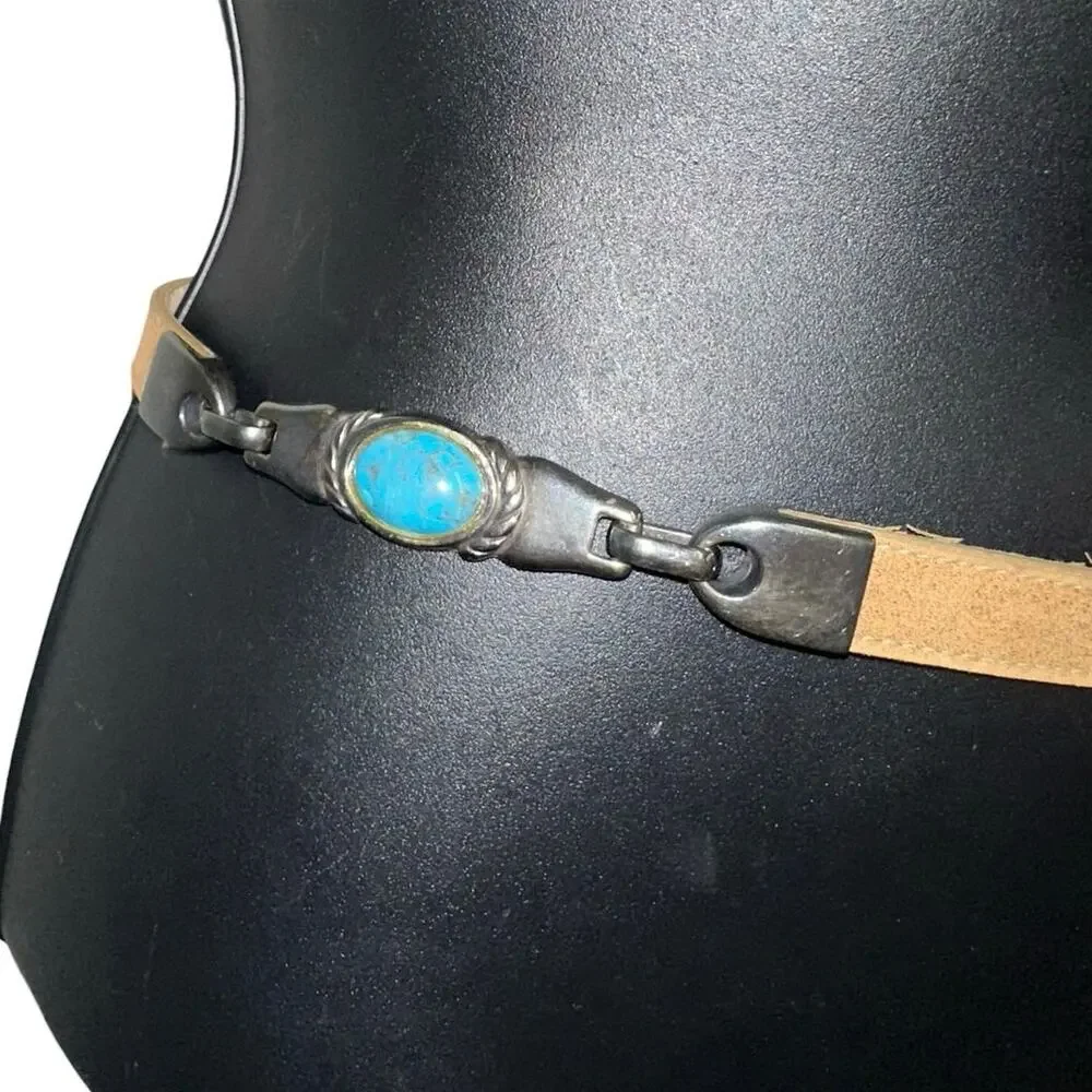 Elite Tan Faux Leather Skinny Chain Belt Turquoise Stone Western Boho Small‎